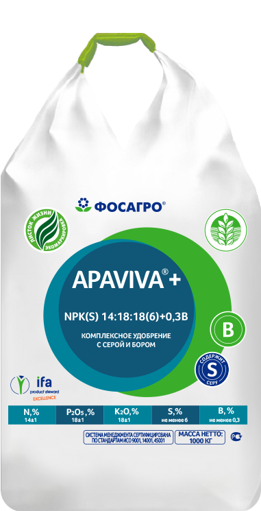 Изображение продукта Комплексное удобрение с серой и бором Apaviva + NPK(S)+B 14:18:18(6)+0,2B (1000 кг)